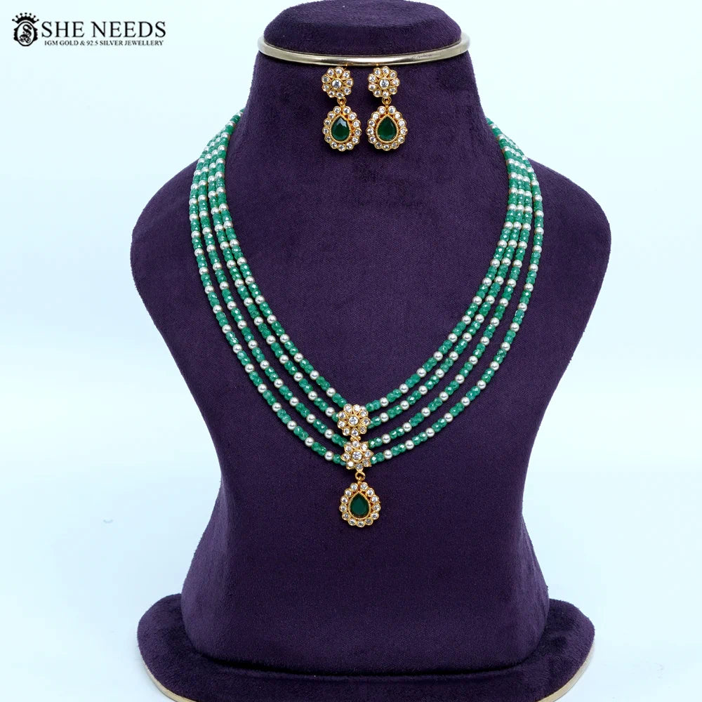 Green CZ Beads with Swarovski Pearls & Pendant Chain Necklace