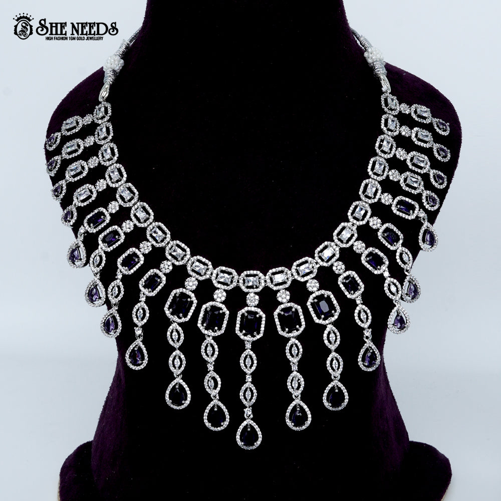 Imperial link cascade rhodium silver statement necklace with drop design