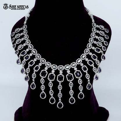 Imperial link cascade rhodium silver statement necklace with drop design