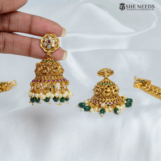 Antique Lakshmi Temple Long Haram with Green Beads