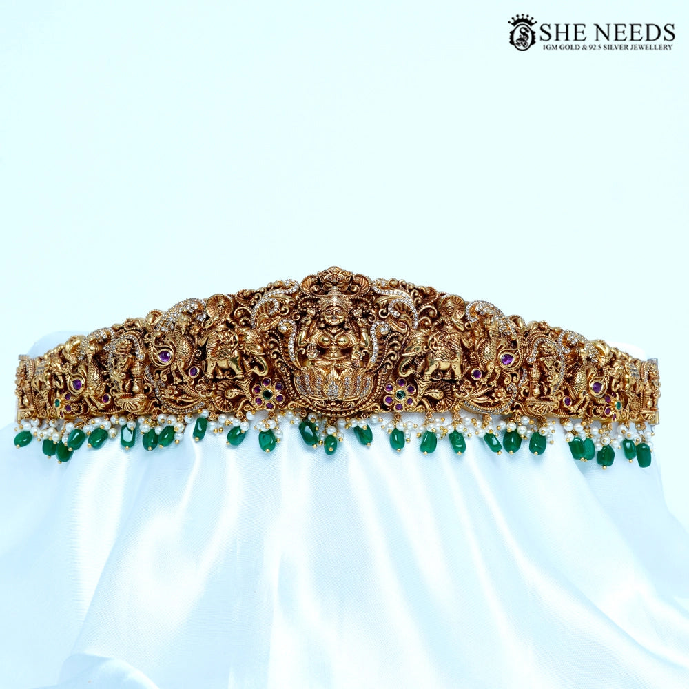 Grand Lakshmi Temple Vaddanam Waist Belt with Green Drops & Pearl Detailing