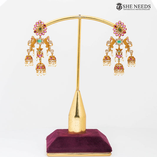 Traditional peacock chandbali earrings with ruby, emerald stones and pearl drops – She Needs Jewellery