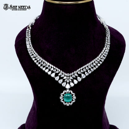 Regal teardrop heirloom rhodium silver statement necklace with center pendant design