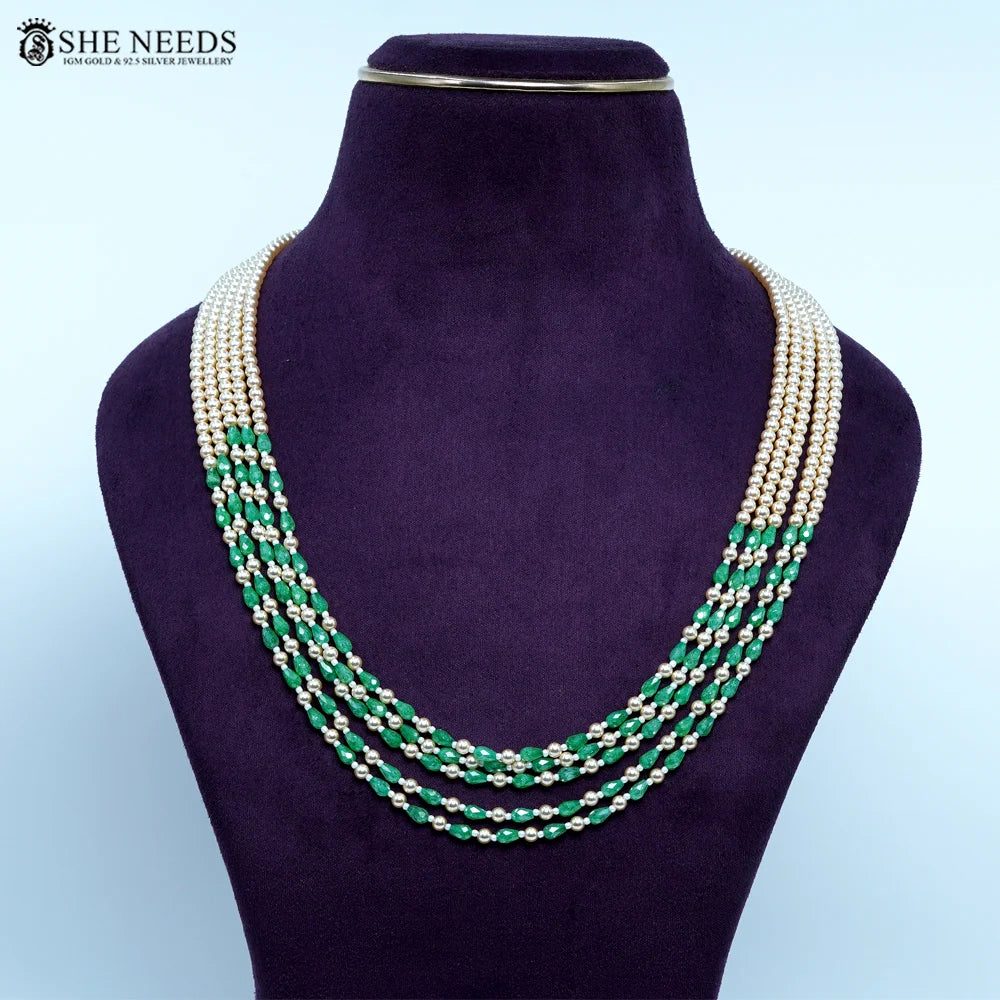 Emerald Green Beads  with Swarovski Pearl Chain Necklace  by She Needs Jewellery