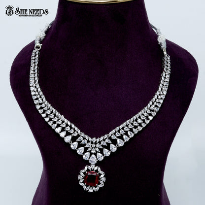 Regal teardrop heirloom rhodium silver statement necklace with center pendant design