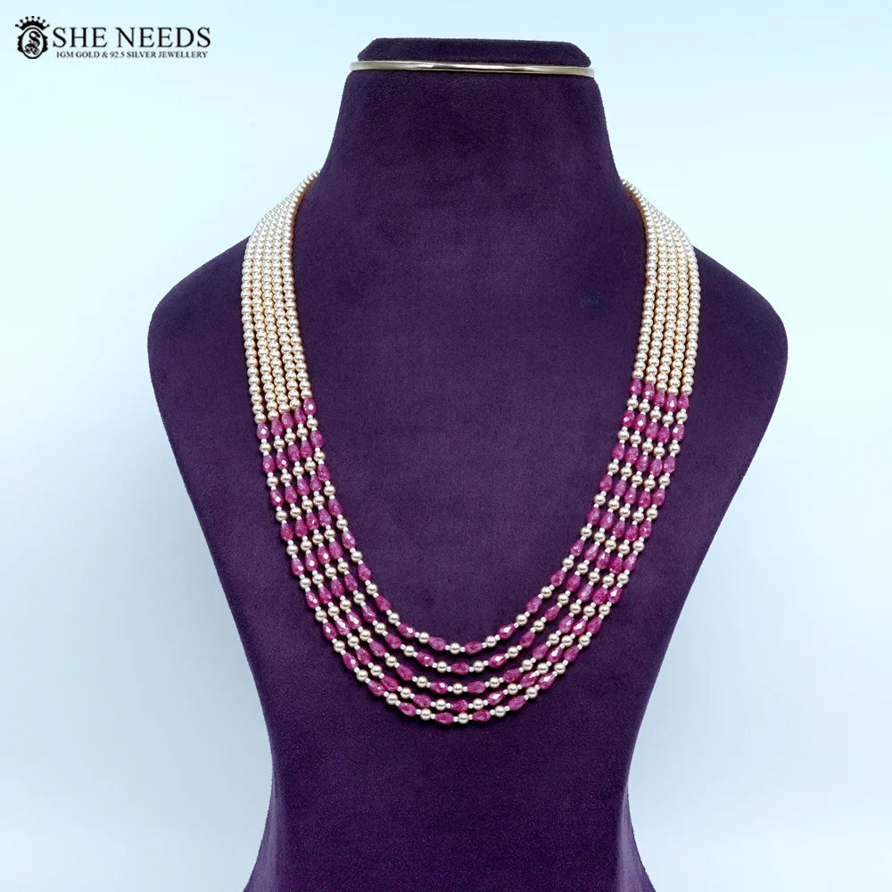 Emerald Pink Beads  with Swarovski Pearl Chain Necklace  by She Needs Jewellery