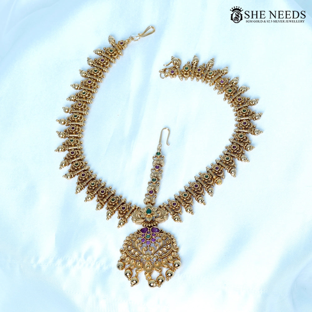 Antique Gold Bridal Headset (Matha Patti) with Ruby-Green Stones