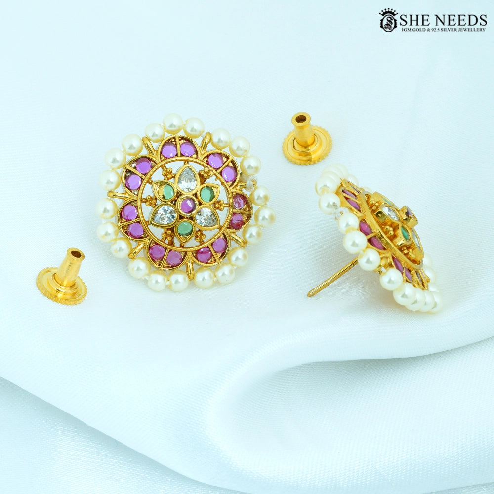Padmashri Antique Gold Floral Stud Earrings with Pearls