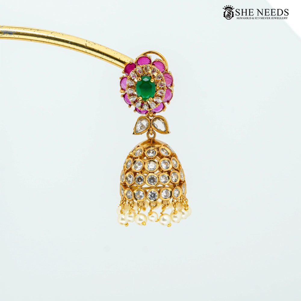 Floral Kemp Stone Bridal Jhumka Earrings