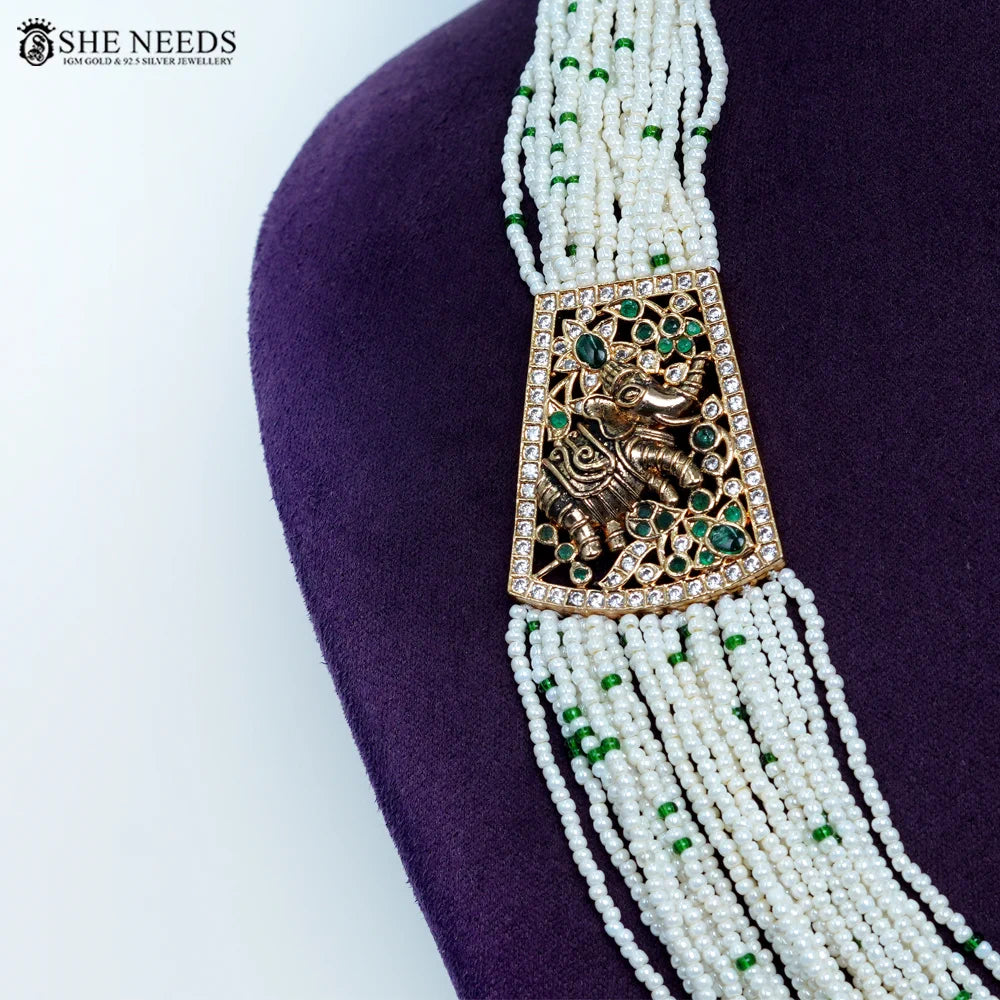 Cutting pearl green beads chain necklace with elephant side pendant by She Needs Jewellery