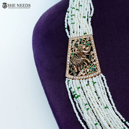Cutting pearl green beads chain necklace with elephant side pendant by She Needs Jewellery