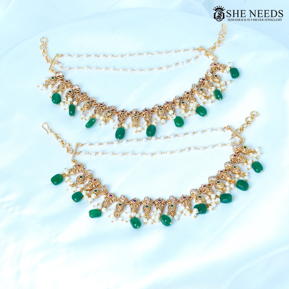 Antique gold champasavaralu ear chain earrings with green drops by She Needs Jewellery