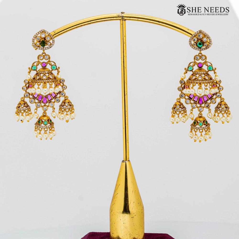 Bridal kemp stone chandbali jhumka earrings with pearls
