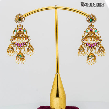 Bridal kemp stone chandbali jhumka earrings with pearls