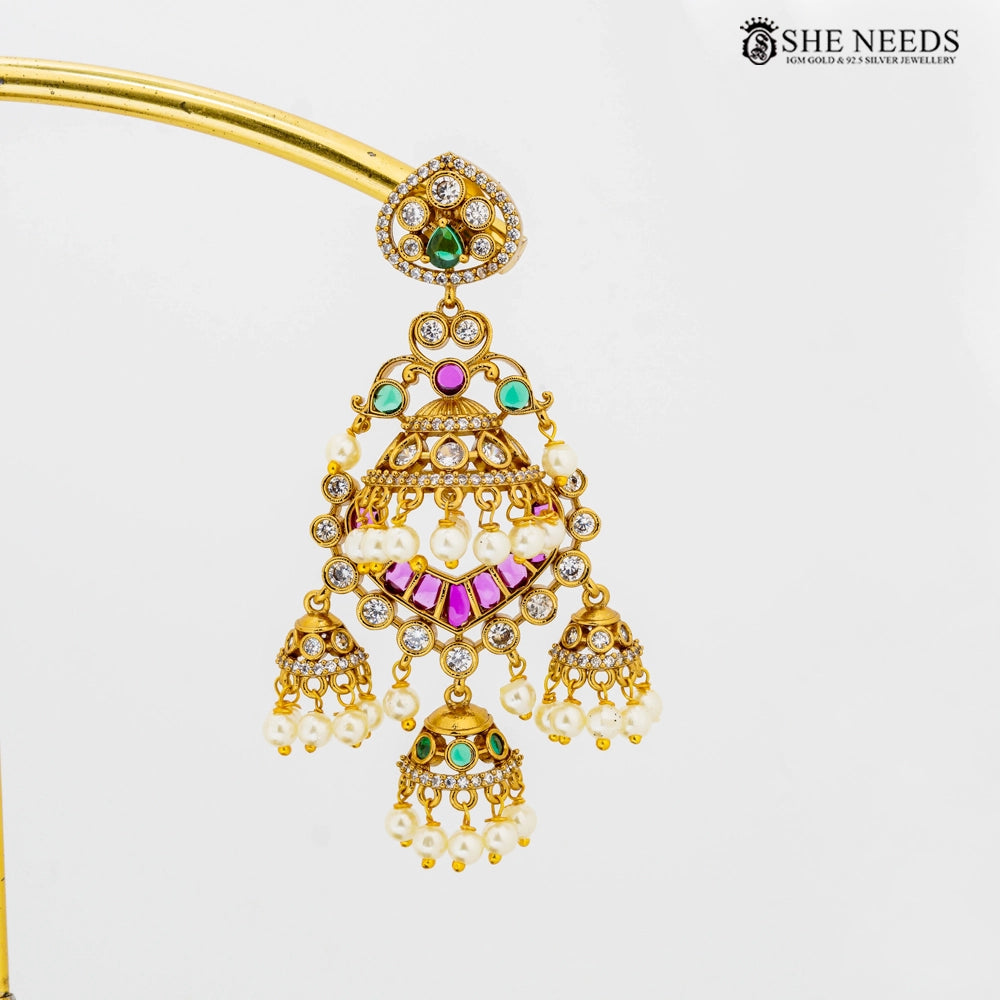 Kemp Stone & CZ Chandbali Jhumka Earrings with Pearls