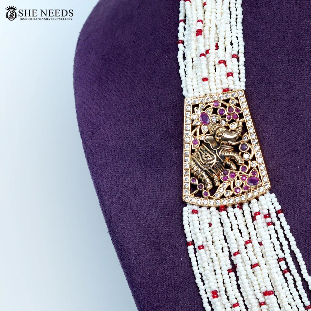 Cutting pearl Pink beads chain necklace with elephant side pendant by She Needs Jewellery