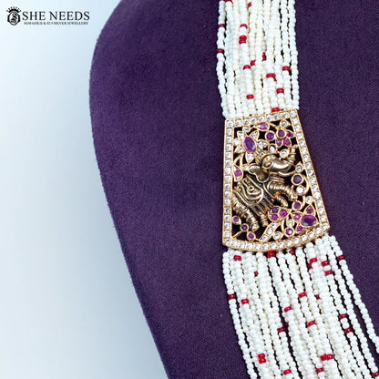 Cutting pearl Pink beads chain necklace with elephant side pendant by She Needs Jewellery