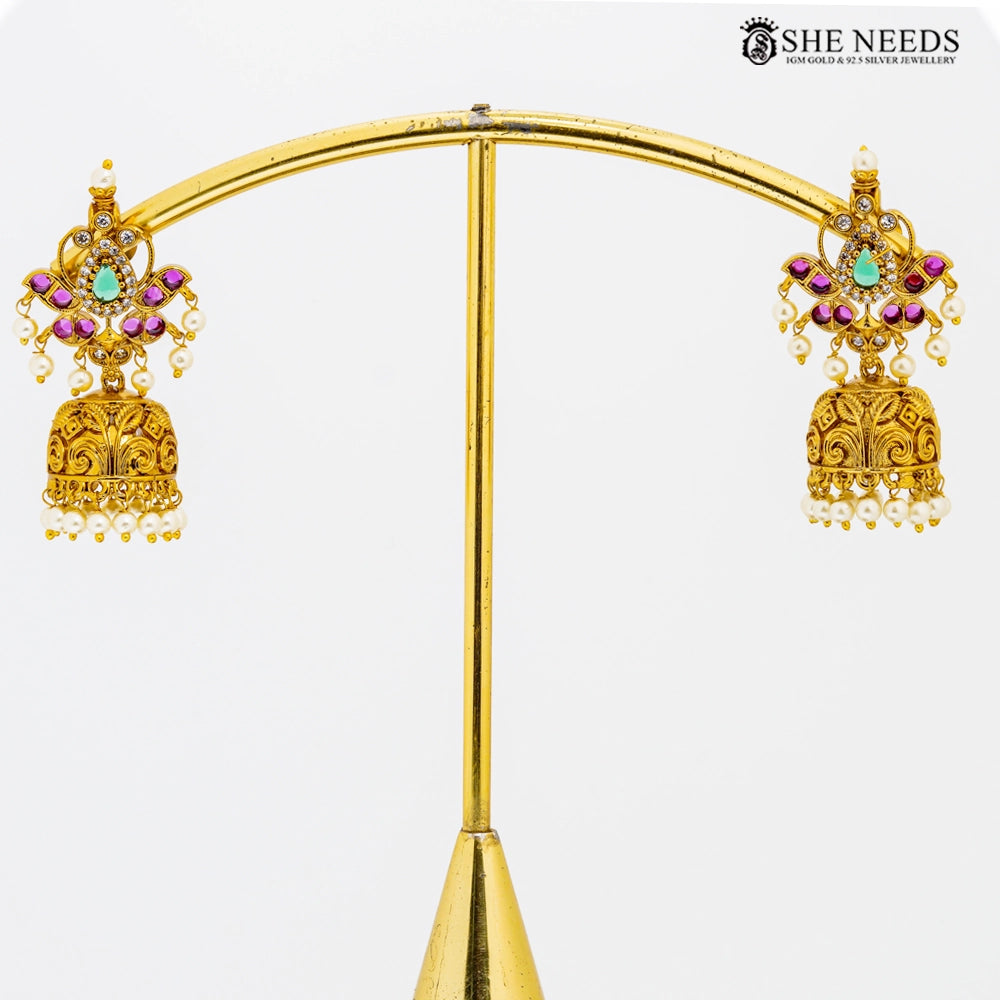 Traditional Gold-Tone Temple Jhumkas with Pearl Drops