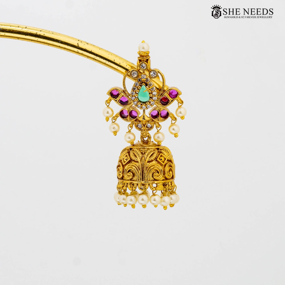 Traditional gold temple jhumkas earrings with pearl drops by She Needs Jewellery