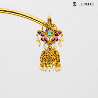 Traditional gold temple jhumkas earrings with pearl drops by She Needs Jewellery