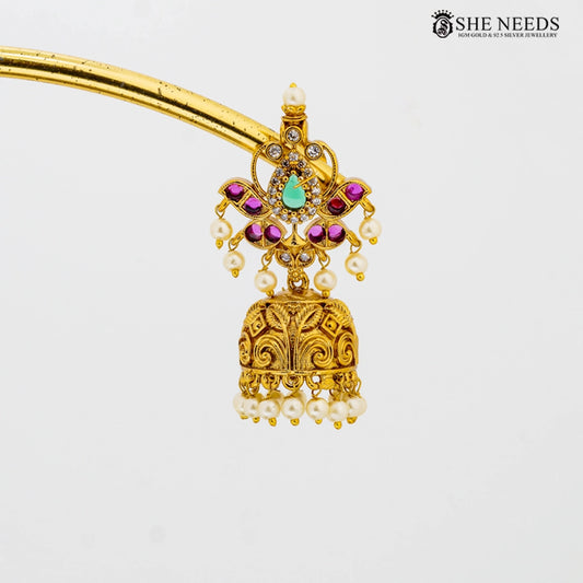 Traditional gold temple jhumkas earrings with pearl drops by She Needs Jewellery