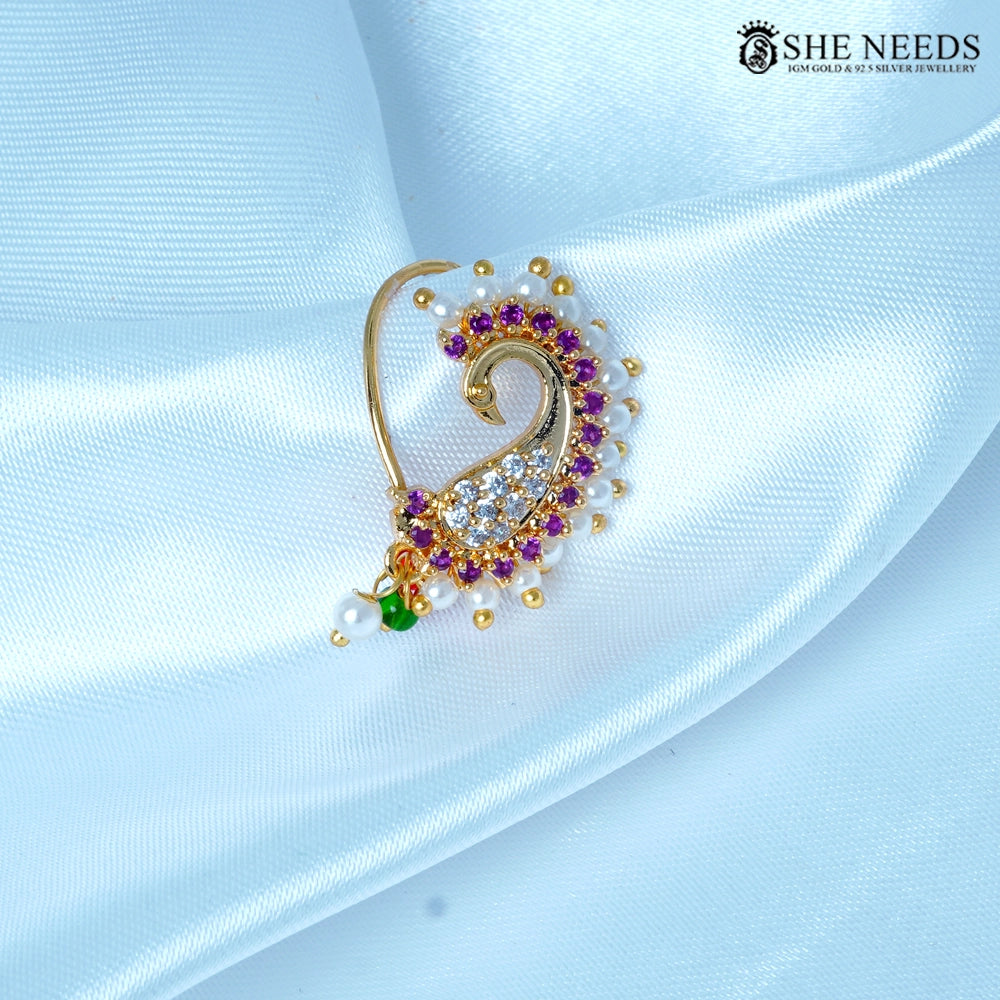 Peacock paisley CZ nose pin with pearl detailing in gold finish by She Needs Jewellery