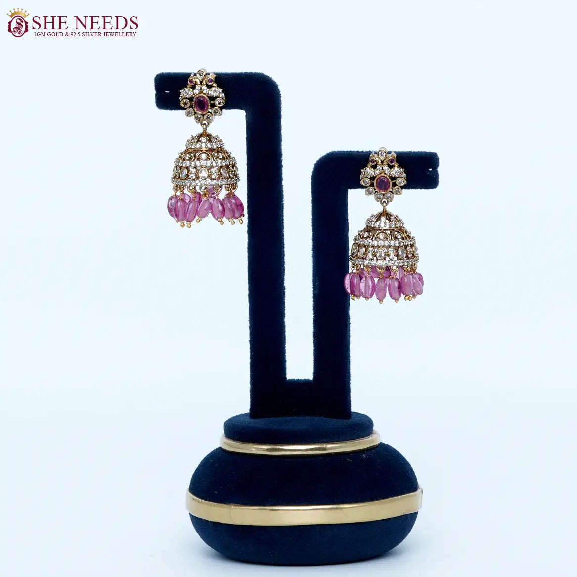 Royal Blush Crystal Antique Jhumka Earrings