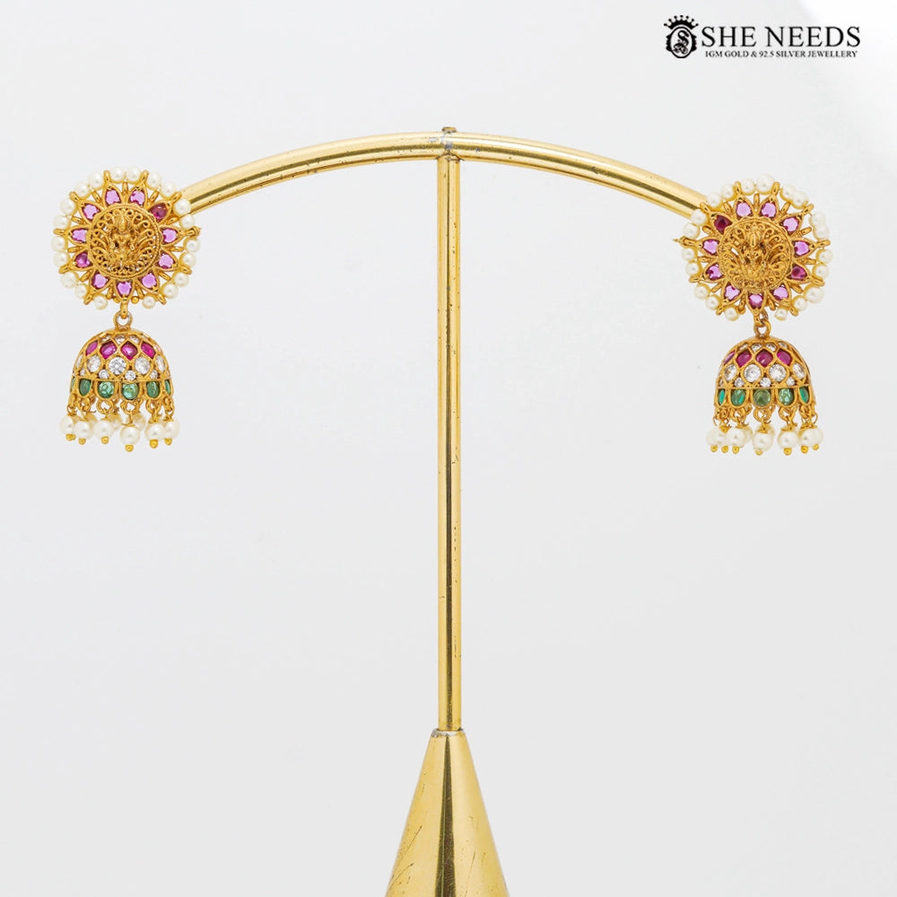 Traditional Temple Style Jhumkas with Pearl & CZ Stones