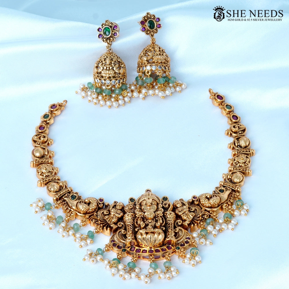 Temple Nakshi Lakshmi Short Necklace Set with Pearl & Green Beads