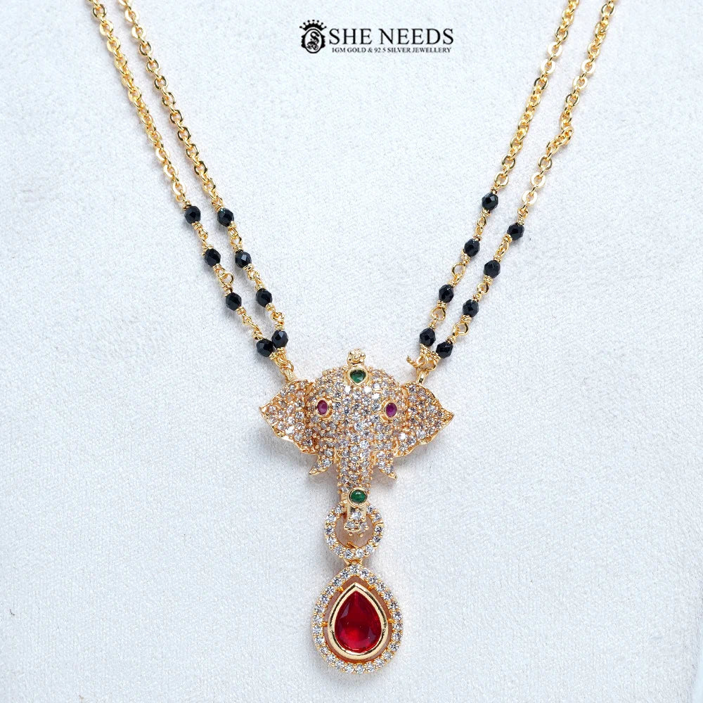 Elephant pendant mangalsutra with CZ stones and red drop by She Needs Jewellery