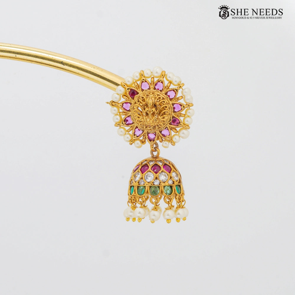 Temple style jhumkas earrings with pearls and CZ stones – She Needs Jewellery