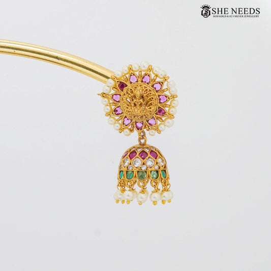 Temple style jhumkas earrings with pearls and CZ stones – She Needs Jewellery