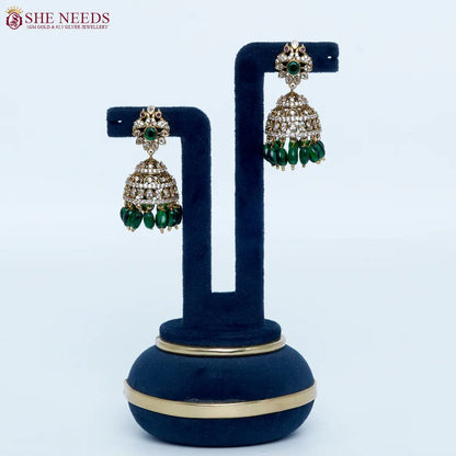 Royal Green crystal antique jhumka earrings by She Needs Jewellery
