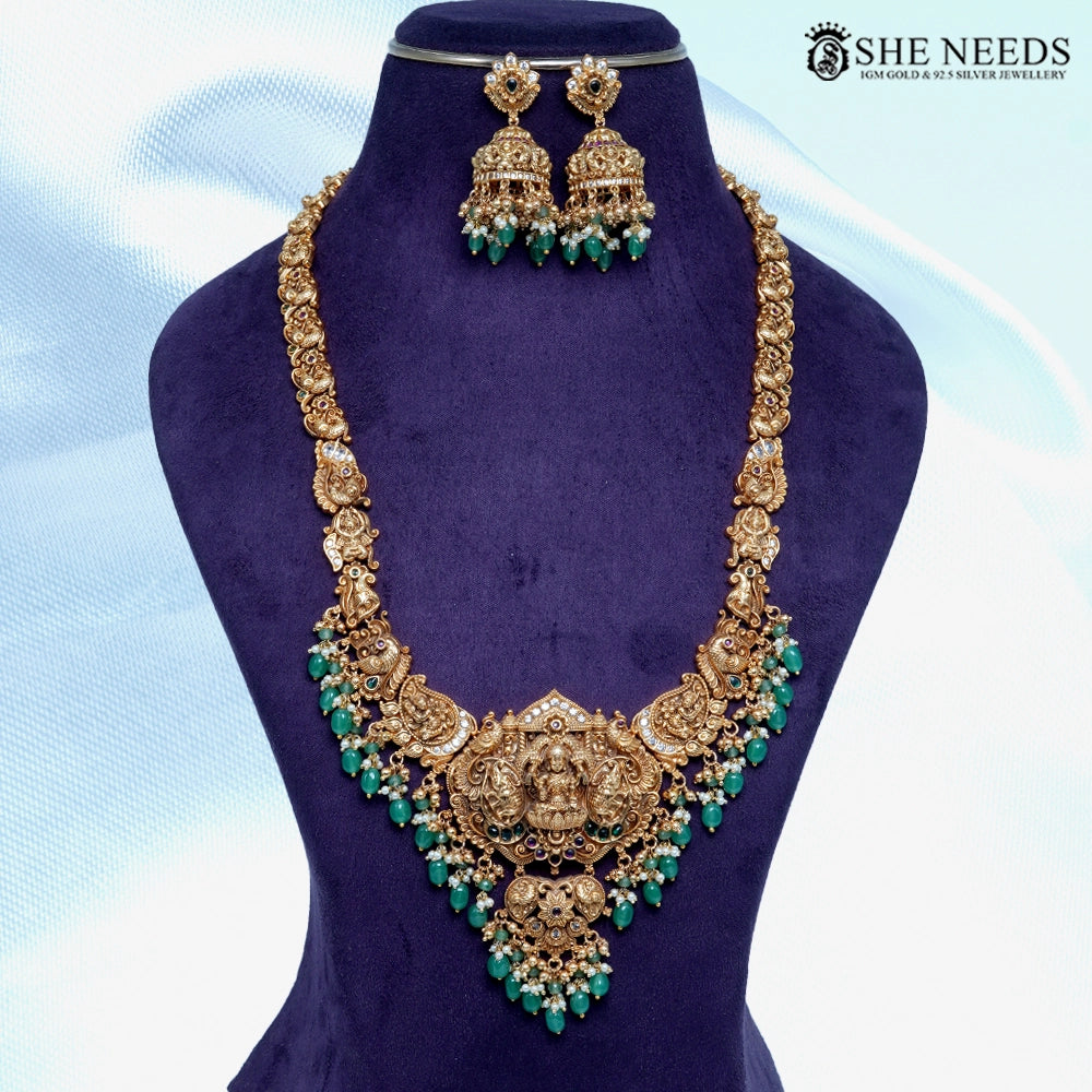 Long Nakshi Lakshmi Temple Necklace Set with Green Beads & Jhumkas