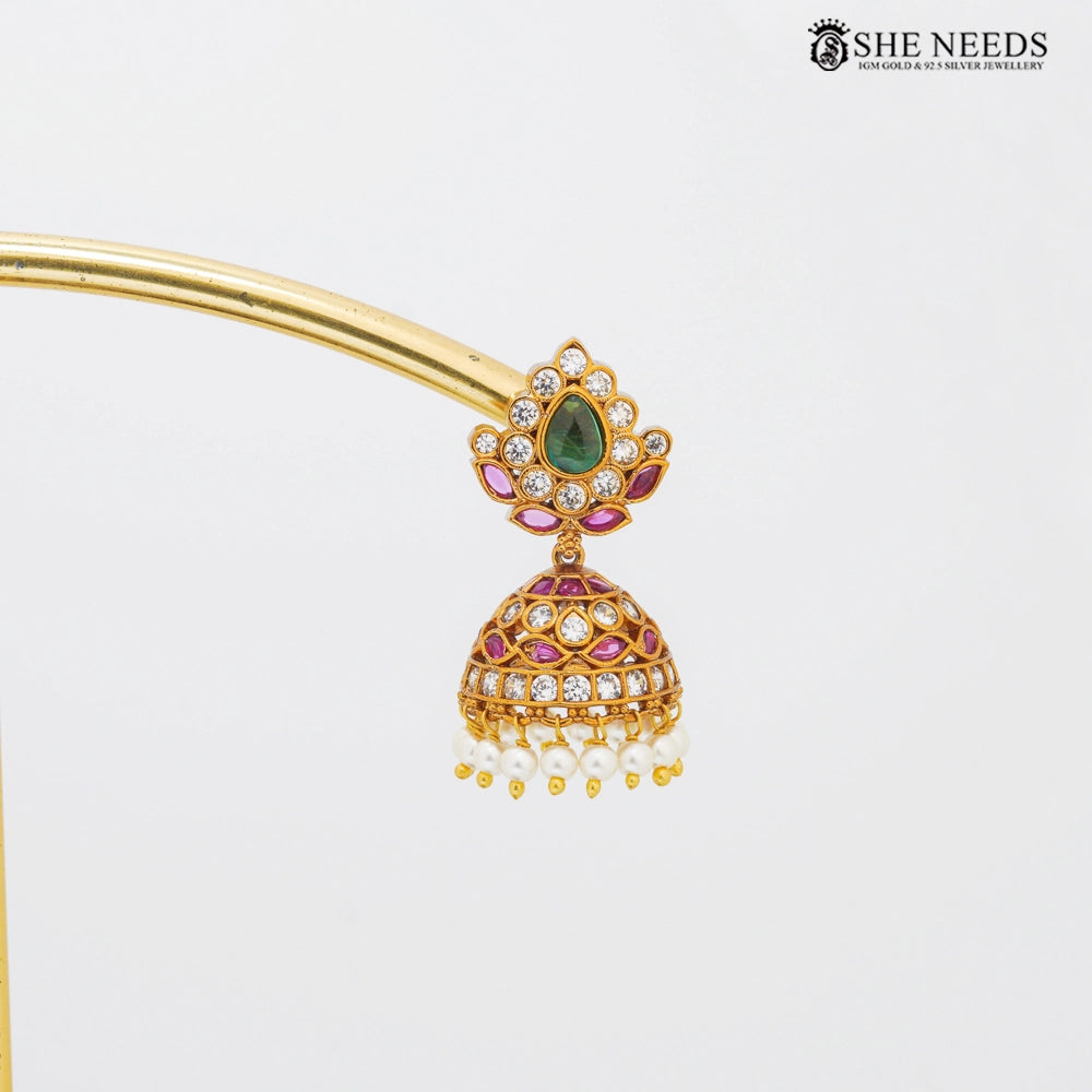 Gold Finish CZ & Pearl Drop Jhumkas Earrings