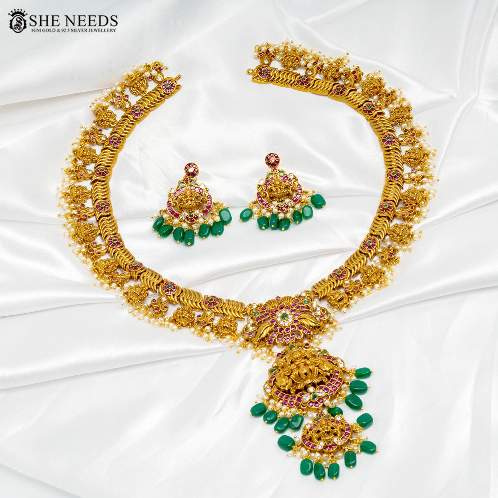 Antique Nakshi Short Necklace Set with Green Beads