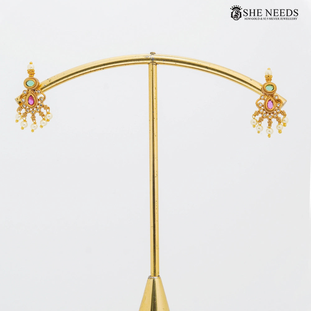 Gold finish CZ mini jhumkas earrings with pearl drops – She Needs Jewellery