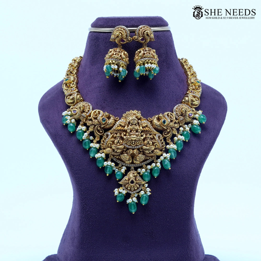 Grand Nakshi ShortTemple Necklace Set with Lakshmi Motif & Green Drops