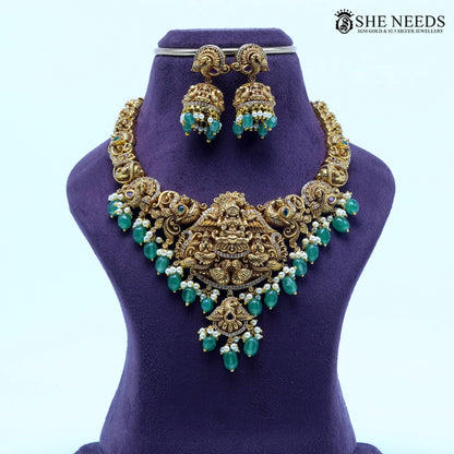 Grand Nakshi ShortTemple Necklace Set with Lakshmi Motif & Green Drops