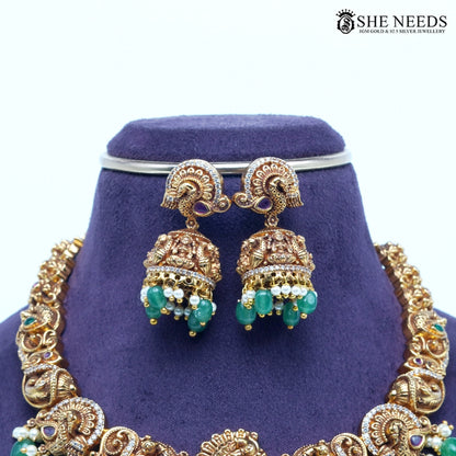Grand Nakshi ShortTemple Necklace Set with Lakshmi Motif & Green Drops