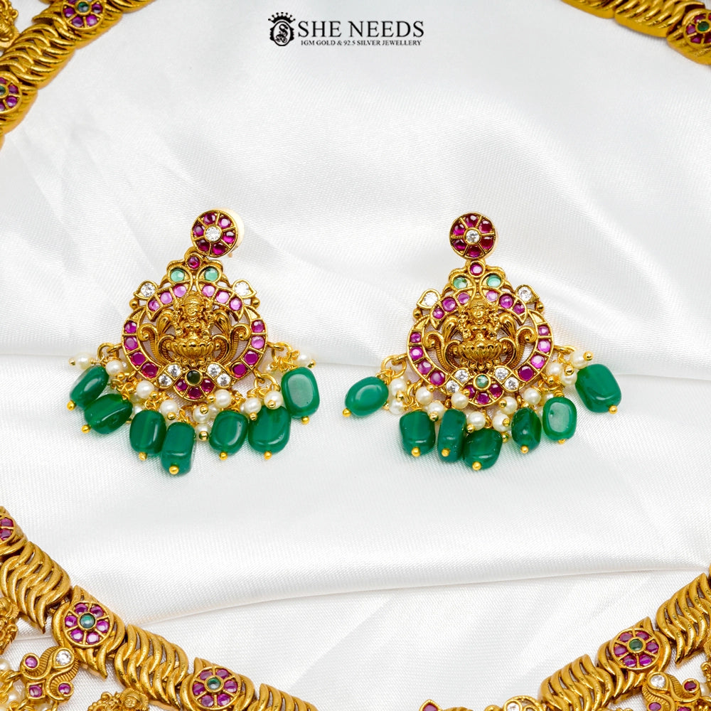 Antique Nakshi Short Necklace Set with Green Beads