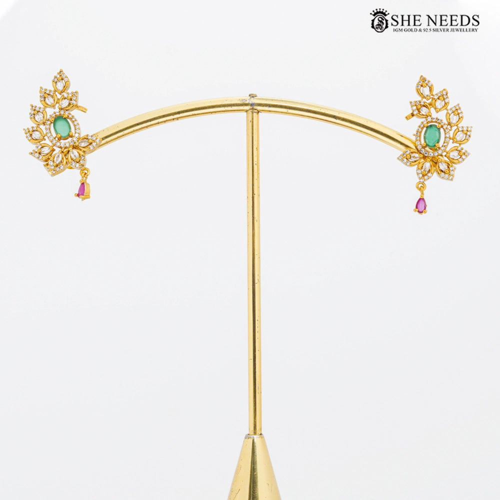 Gold Finish Floral CZ Stud Earrings with Green Stone