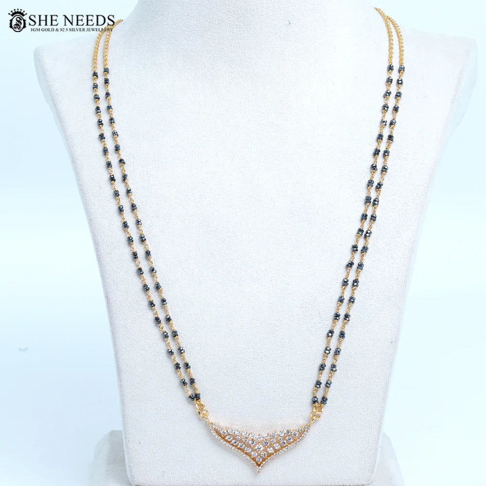 Elegant Curved CZ Mangalsutra with Black Beads