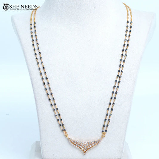 Elegant Curved CZ Mangalsutra with Black Beads