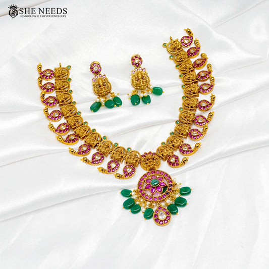 She Needs Jewellery kempu short necklace set with Lakshmi motifs and green beads