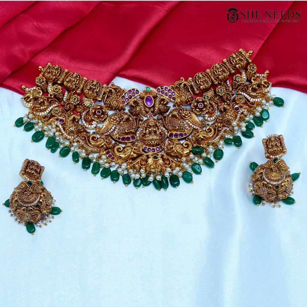 Royal Nakshi Temple Choker Set with Green Drops & Pearl Detailing