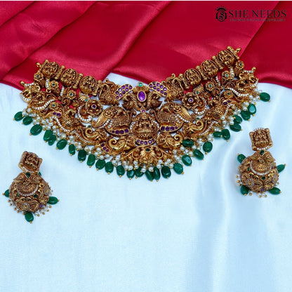 Royal nakshi temple choker set with green bead drops and matching earrings by She Needs Jewellery