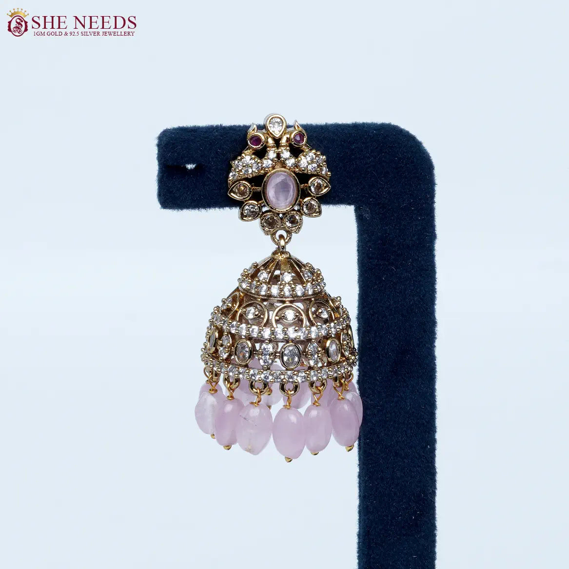 Royal Light Pink crystal antique jhumka earrings by She Needs Jewellery