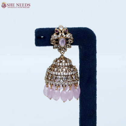 Royal Light Pink crystal antique jhumka earrings by She Needs Jewellery