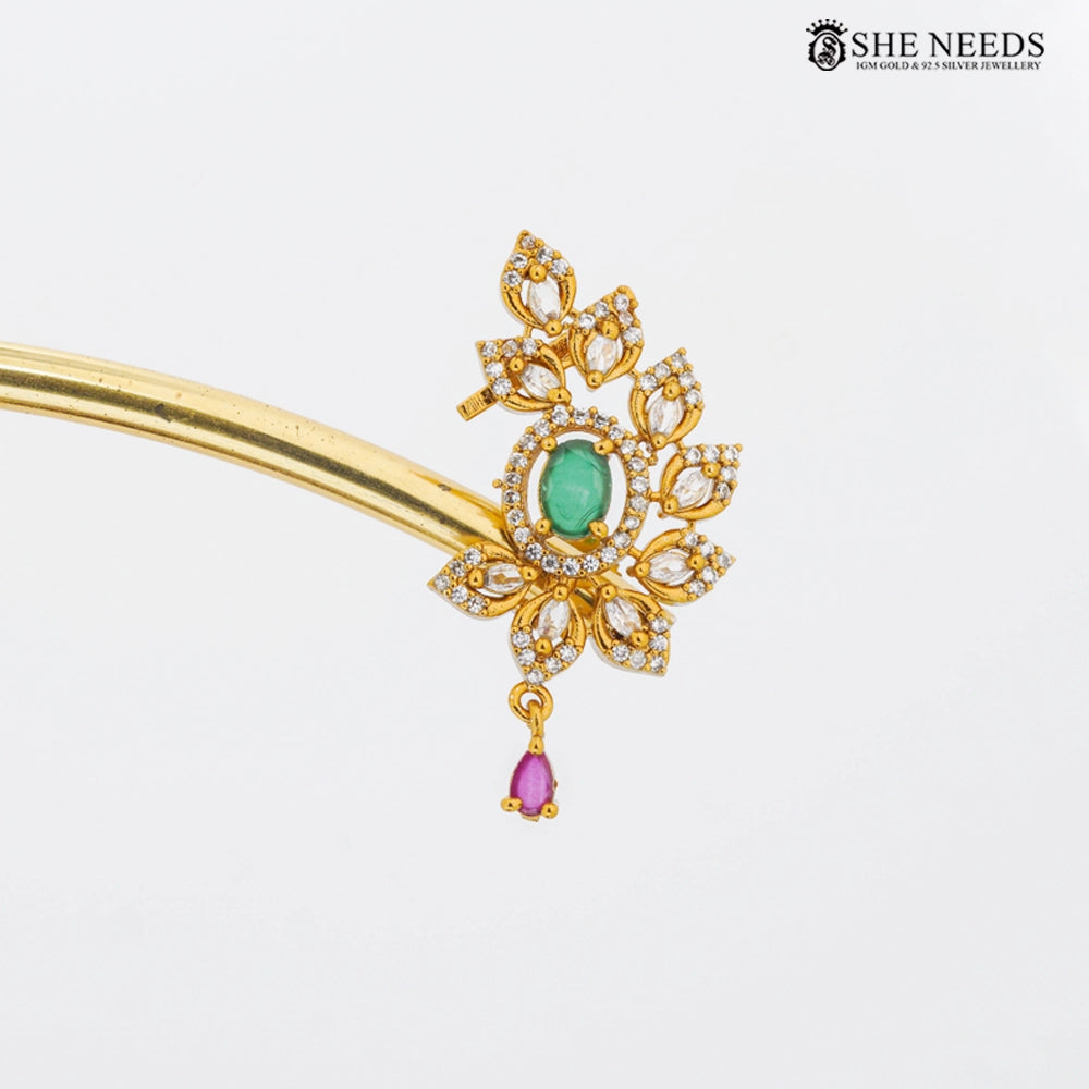 Gold Finish Floral CZ Stud Earrings with Green Stone